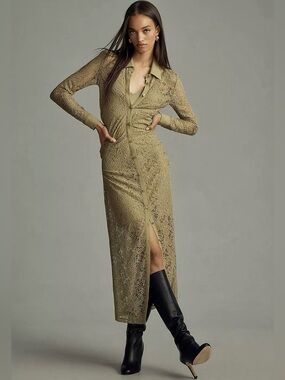 Anthropologie Long-Sleeve Sheer Lace Button Front Midi Olive Shirt Dress Medium